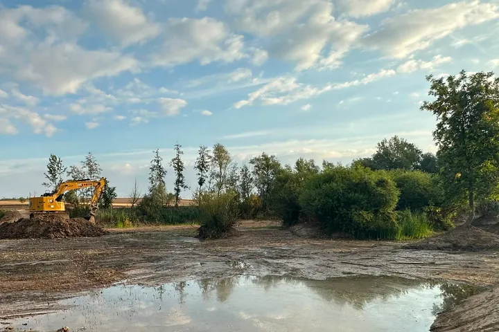 Renaturierte Fläche mit Wasserfläche, Bagger im Hintergrund